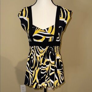XOXO Blouse Black Yellow Crossover Bodice Top Tie Back Elastic Waist Women’s SzM